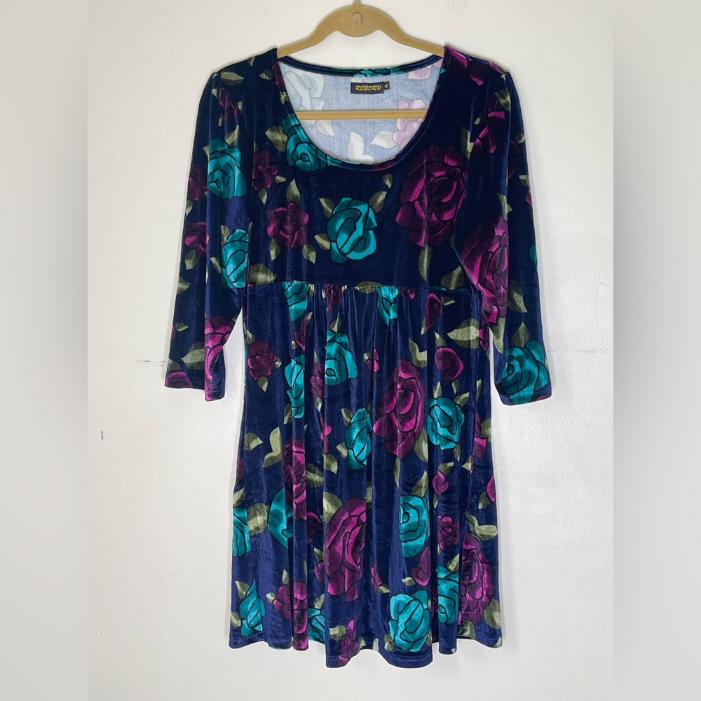 REBORN Navy and Purple Floral A Line Velvet 3/4 Sleeve Dress Size XL